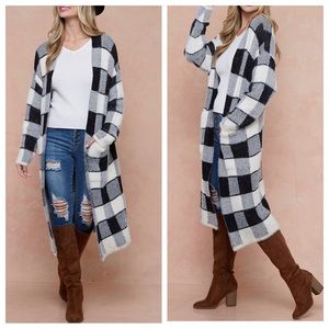 #42 Boho Fabulous Buffalo Check Print Sweater Cardigan With Front Pocket